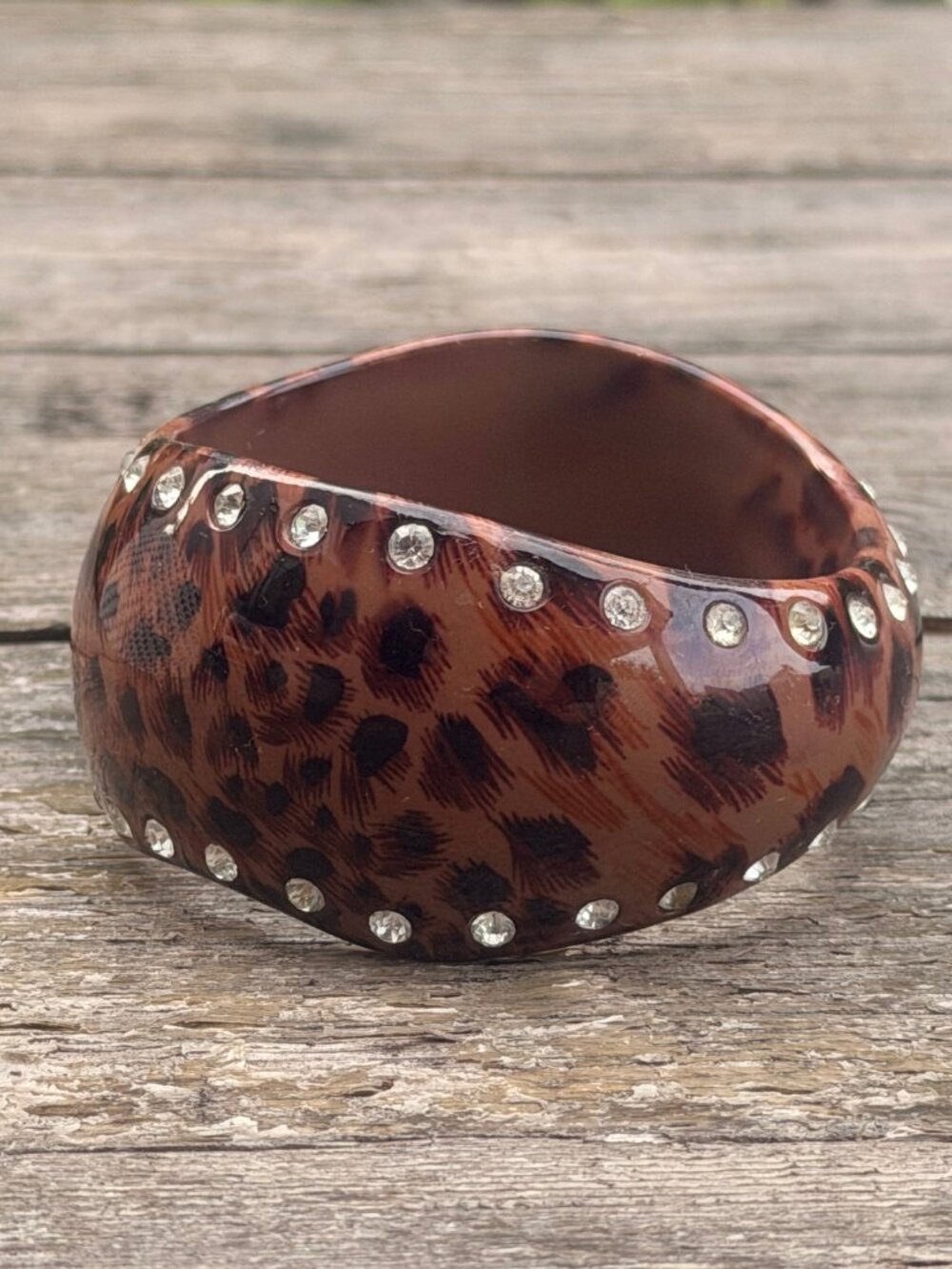 Vintage Leopard Animal Print Rhinestone Bangle Bracelet Chunky Cheetah Statement